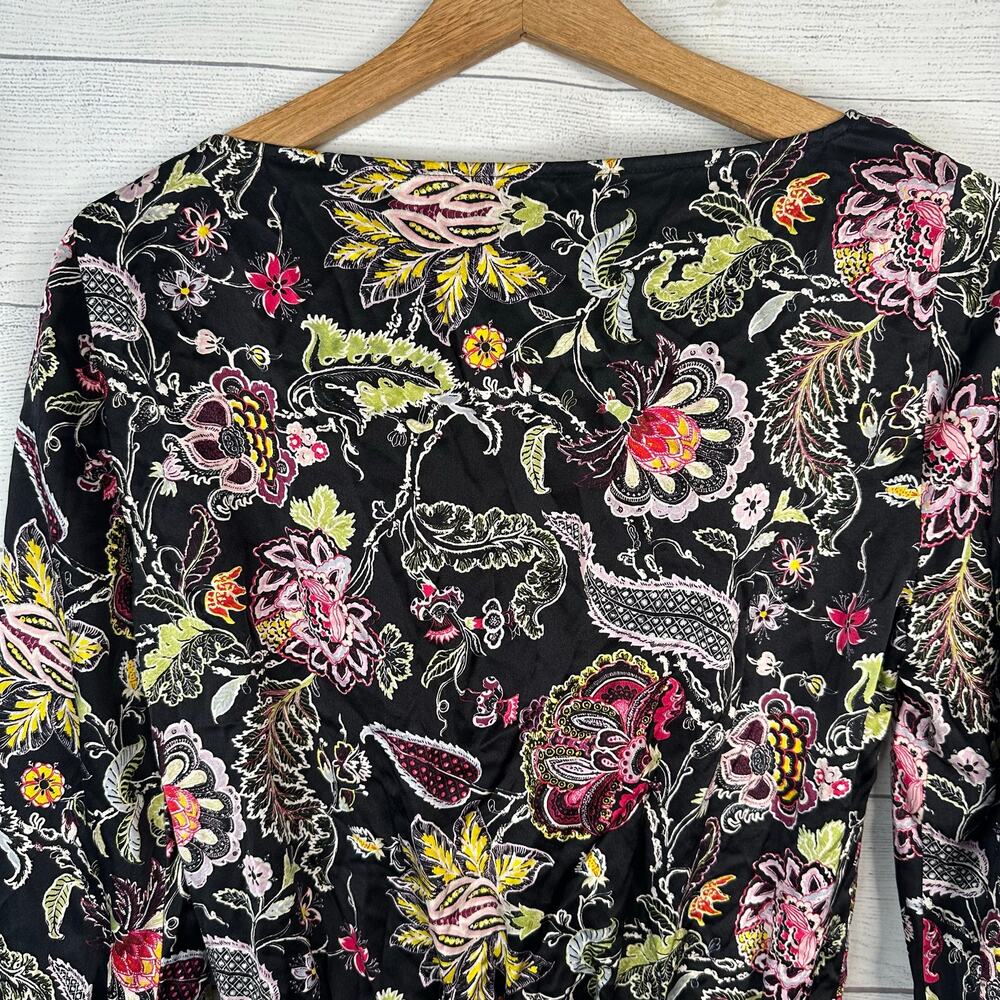Cinq a Sept Women Small Black Silk Floral Paisley Smocked Peplum Blouse Top Boho - Picture 5 of 10